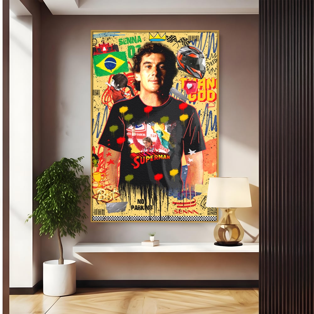 Tablou canvas cu tablou canvas cu ayrton senna, in rama de aluminiu auriu